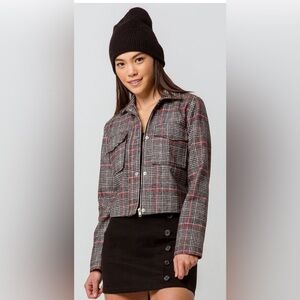 Ivy + Main Crop Plaid Woven Jacket Size Small Black White Red